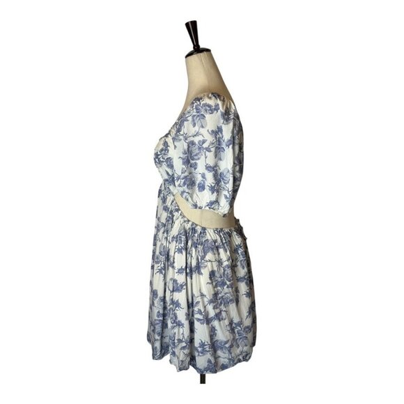 Bardot Dress Women Large Blue White Floral Print Cut Out Eden Mini Cottagecore - Picture 7 of 12